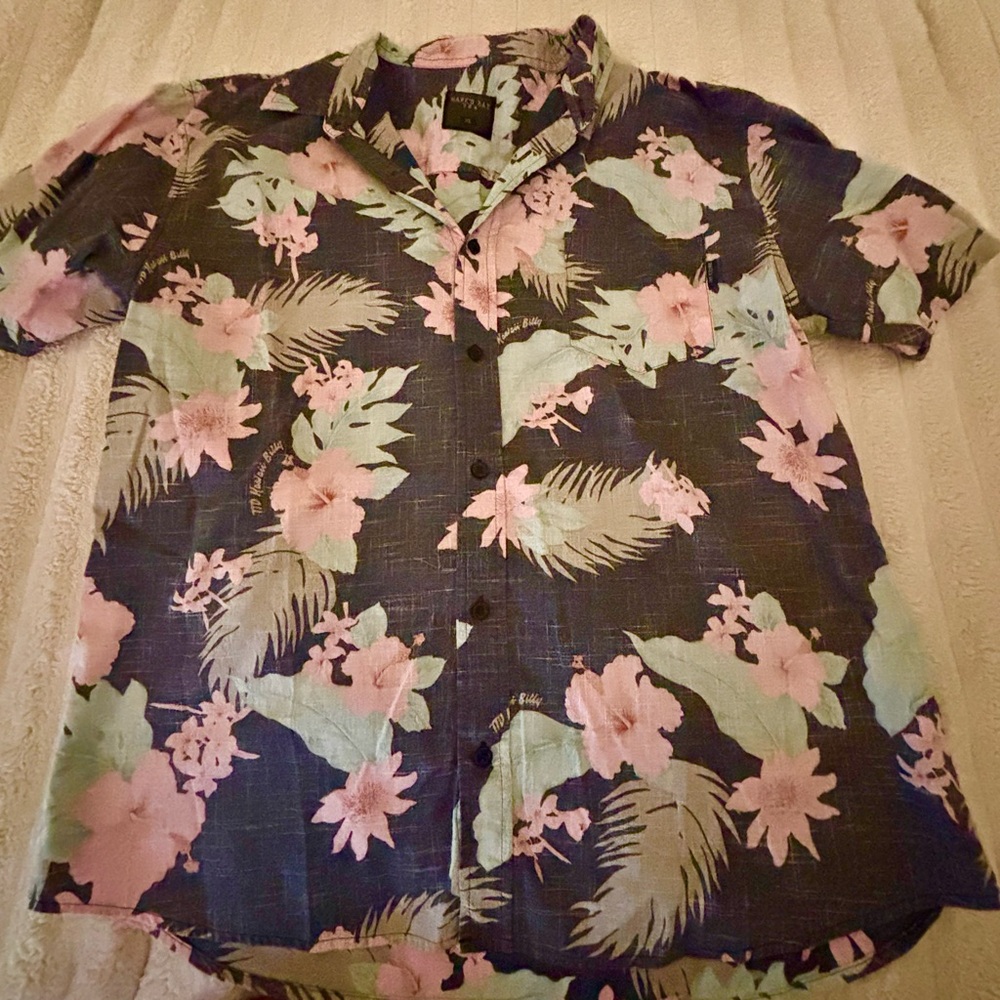 Casual Men's Short-Sleeve Floral Button-Down Shirt - Black with Pink & Mint